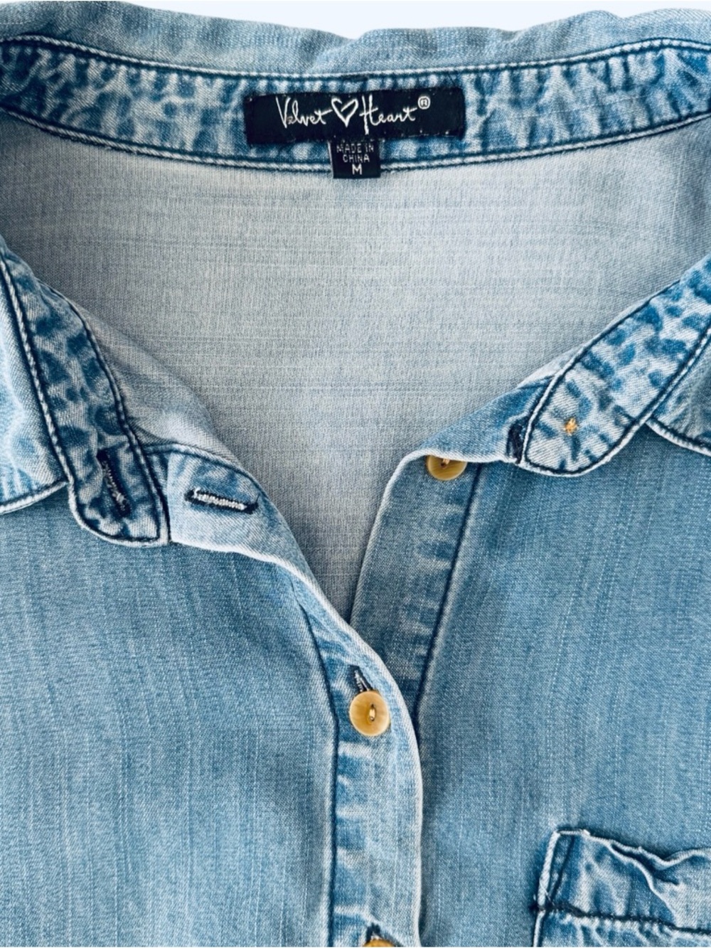 Velvet Heart Tencel Denim Button Tie Front Short Sleeve Top Size Medium - Picture 7 of 9